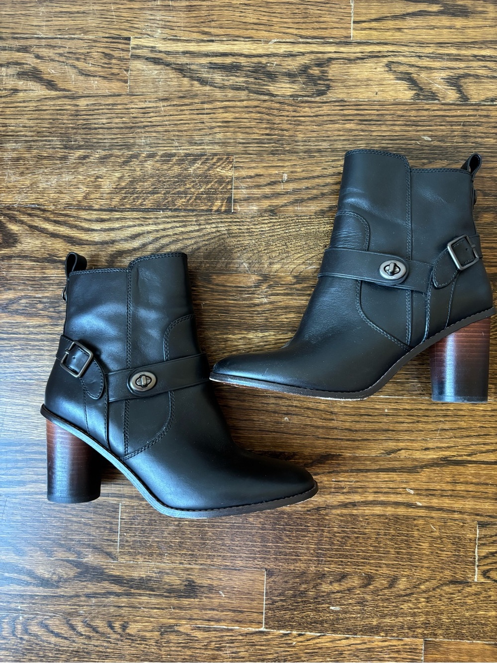 Coach Black Leather Ankle Booties with Turnlock Strap